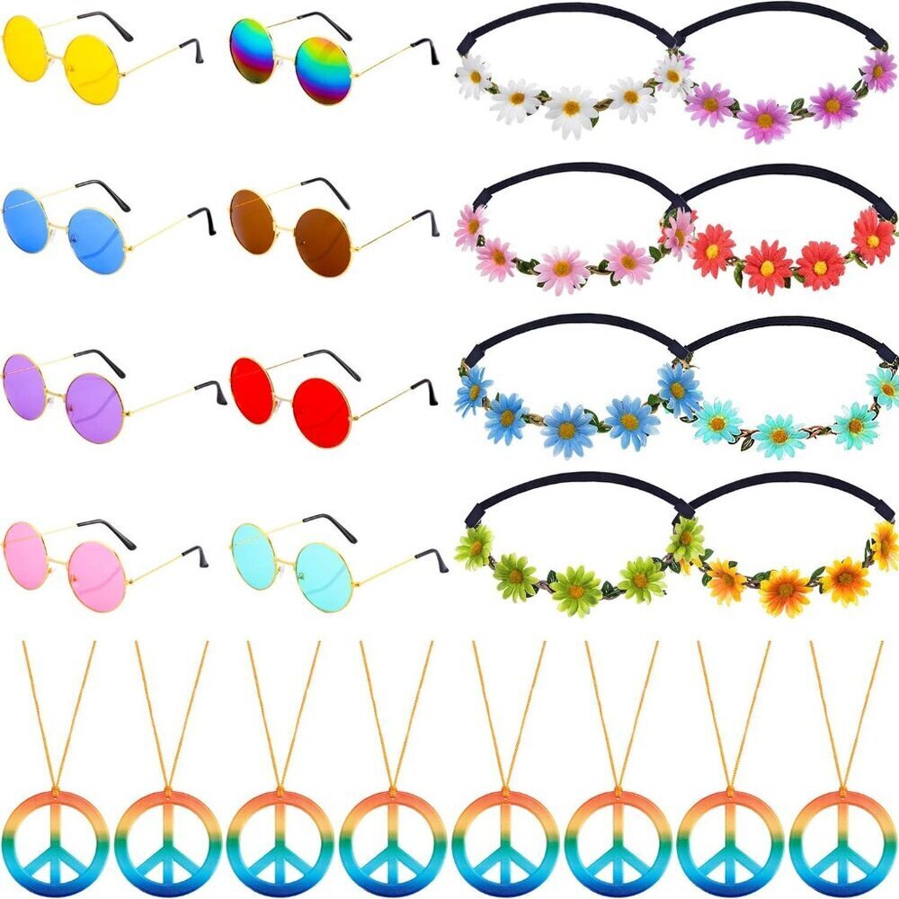 Hippie Costume Accessories Set 60s 70s Party Decorations Boho Peace Sign Sunglas